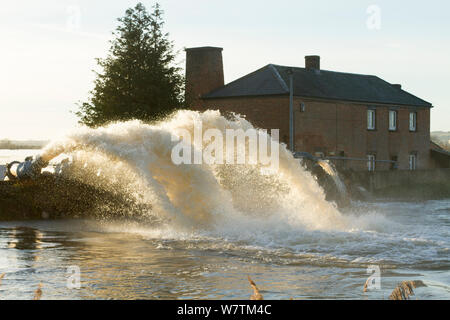 Pumpstation am Burrowbridge Pumpen von Wasser im Januar Hochwasser 2014, Somerset, England, UK, 11. Januar 2014. Stockfoto