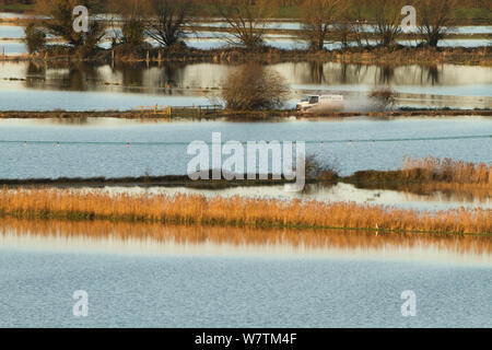 Van fahren durch Überschwemmungen in Somerset Levels Januar 2014 in der Nähe von Burrowbridge, England, UK, 11. Januar 2014. Stockfoto