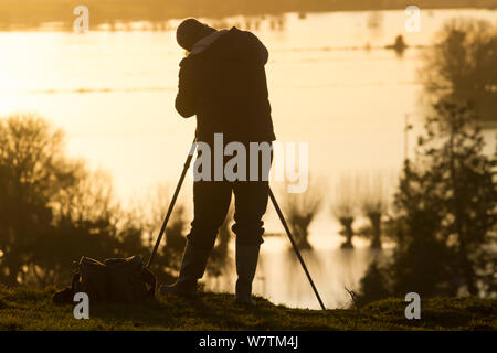 Fotograf Fotografieren von Januar 2014 Überschwemmungen bei Sonnenuntergang von Burrowbridge, Somerset, England, UK, 11. Januar 2014. Stockfoto