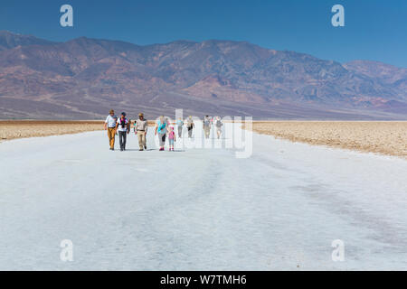 Touristen erkunden Badwater Basin, Death Valley National Park, Kalifornien, USA, März 2013. Stockfoto
