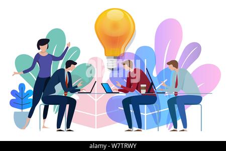 Idee große Glühbirne oben. Business Team sprechen zusammen an der grossen Konferenz Schreibtisch. Abbildung: auf weißem Hintergrund. Stock Vektor