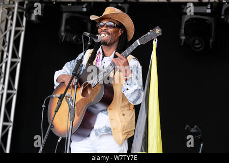 Brushy einer Zeichenfolge durchführen an den WOMAD-Festival, Charlton Park, Großbritannien. Juli 28, 2019 Stockfoto