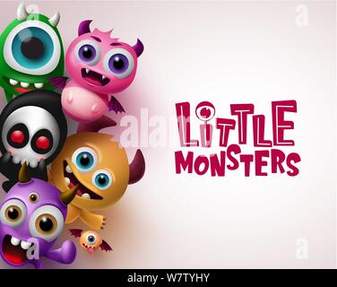Kleine Monster mit 3d-realistischen Charakter vector Hintergrund Vorlage. Kleine Monster Text mit leeren Raum für Nachricht in weißen Hintergrund. Stock Vektor
