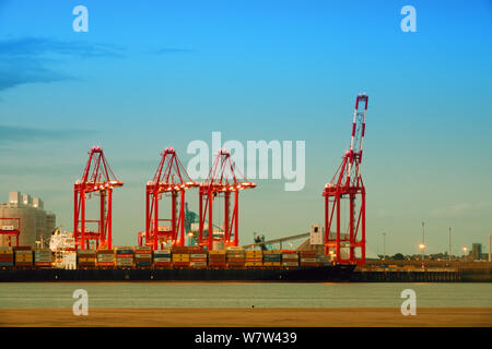 Container schiff an der Liverpool 2 ein neues Tief entladen - Wasser Container Terminal im Hafen von Liverpool Stockfoto