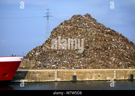 Dock Kran und Haufen Schrott für das Recycling, Hafen von Gent, Belgien, Juli 2013. Stockfoto