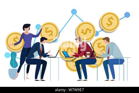 Investment Management. Geschäftsleute über die Tabellen und Grafiken zeigen die Ergebnisse ihrer erfolgreichen Teamarbeit Stock Vektor