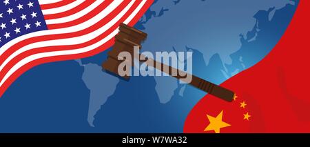 Rechtliche Fall Handel Spannung oder Handelskrieg zwischen den USA und China, finanzkonzept Flaggen der USA und China mit Hammer oder Hammer Stock Vektor