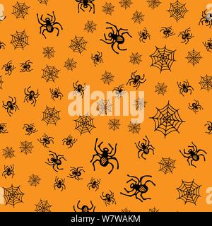 Skizze Spinnennetz Halloween nahtlose Muster. Spinnennetz Halloween nahtlos in handgezeichneten Stil auf orangem Hintergrund. Spooky Silhouette. Stock Vektor
