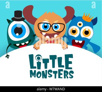 Kleine Monster vector Hintergrund Vorlage. Kleine Monster Text in leeren weißen Raum für Meldung und niedliche lustige Figuren im Hintergrund. Stock Vektor