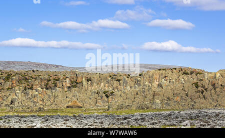 Eine Hütte und die Landschaft von den Bale Mountains Nationalpark, Äthiopien, Dezember 2011. Stockfoto