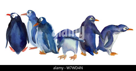 Aquarell handgezeichnete Abbildung verschiedener blaue Pinguine stehen in einer Gruppe, auf weißem Hintergrund. Design für Kinder Abbildung. Stockfoto