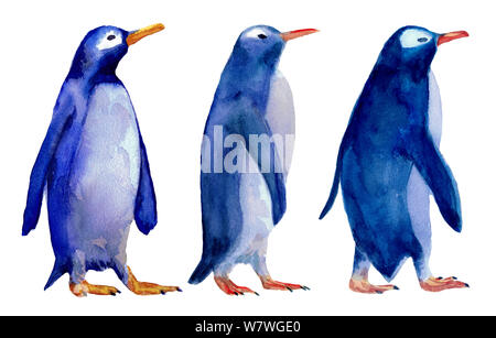 Aquarell handgezeichnete Abbildung verschiedener blaue Pinguine stehen in einer Gruppe, auf weißem Hintergrund. Design für Kinder Abbildung. Stockfoto