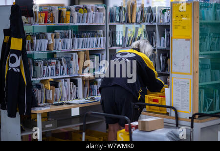 Wittenburg, Deutschland. 07 Aug, 2019. Briefträger sortieren die Sendungen für Ihre Touren zusammen im Paket Deutsche Post Lieferung. Credit: Jens Büttner/dpa-Zentralbild/ZB/dpa/Alamy leben Nachrichten Stockfoto