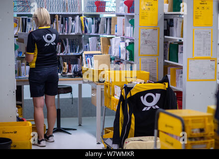 Wittenburg, Deutschland. 07 Aug, 2019. Briefträger sortieren die Sendungen für Ihre Touren zusammen im Paket Deutsche Post Lieferung. Credit: Jens Büttner/dpa-Zentralbild/ZB/dpa/Alamy leben Nachrichten Stockfoto