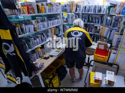 Wittenburg, Deutschland. 07 Aug, 2019. Briefträger sortieren die Sendungen für Ihre Touren zusammen im Paket Deutsche Post Lieferung. Credit: Jens Büttner/dpa-Zentralbild/ZB/dpa/Alamy leben Nachrichten Stockfoto