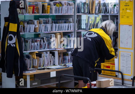 Wittenburg, Deutschland. 07 Aug, 2019. Briefträger sortieren die Sendungen für Ihre Touren zusammen im Paket Deutsche Post Lieferung. Credit: Jens Büttner/dpa-Zentralbild/ZB/dpa/Alamy leben Nachrichten Stockfoto