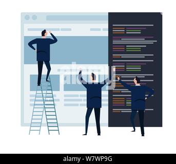 Web Entwicklung und Web Design Team, und Menschen Business Team arbeiten auf Drahtmodell coding Programmierung Konzept kleine Menschen mit großen Bildschirm Stock Vektor
