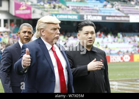 (Von links) Entertainer, der frühere US-Präsident Barack Obama, aktuelle US-Präsident Donald Trump und Kim Jong-un, Oberster Führer des Dm Stockfoto