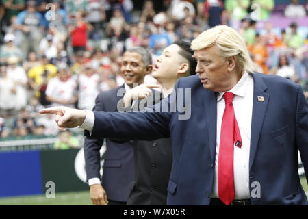 (Von links) Entertainer, der frühere US-Präsident Barack Obama, Kim Jong-un, Oberster Führer der Demokratischen Volksrepublik Korea (DVRK Stockfoto