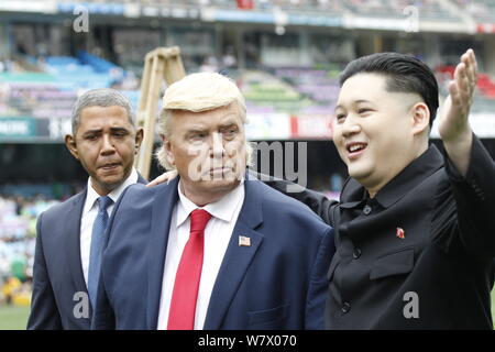 (Von links) Entertainer, der frühere US-Präsident Barack Obama, aktuelle US-Präsident Donald Trump und Kim Jong-un, Oberster Führer des Dm Stockfoto