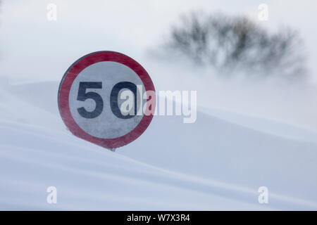 50 Meilen pro Stunde Schild in riesigen Schneeverwehungen auf Landstraßen im Peak District National Park, Deryshire, UK versenkt. März. Stockfoto