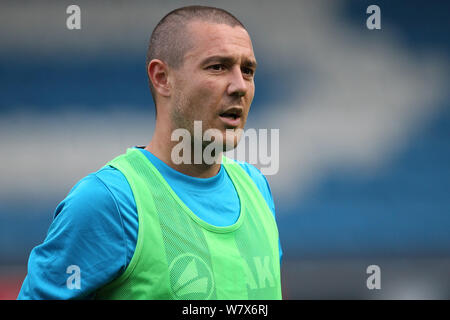 HALIFAX, ENGLAND 6.August Liam Noble von Hartlepool United während des Vanarama National League Spiel zwischen dem FC Halifax Town und Hartlepool United am Shay, Halifax am Dienstag, den 6. August 2019. (Credit: Mark Fletcher | MI Nachrichten) Stockfoto