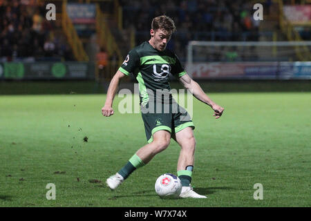 HALIFAX, ENGLAND 6.August Lukas James von Hartlepool United in Aktion während der Vanarama National League Spiel zwischen dem FC Halifax Town und Hartlepool United am Shay, Halifax am Dienstag, den 6. August 2019. (Credit: Mark Fletcher | MI Nachrichten) Stockfoto