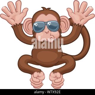 Monkey Sonnenbrille Cartoon Tier Maskottchen Winken Stock Vektor