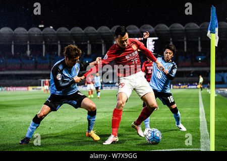 Gao Lin der chinesischen Guangzhou Evergrande, Mitte, Herausforderungen Yusuke Tasaka, Links, und Tatsuya Hasegawa der japanischen Kawasaki Frontale in ihrer Gruppe G ma Stockfoto