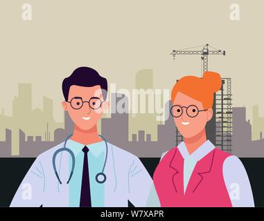 Fachleute Arbeiter Paar lächelnde Cartoons Stock Vektor