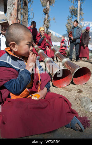 Junger buddhistischer Mönch beobachten Tanz Proben einen Tag vor dem torgya Festival. Galdan Namge Lhatse Kloster Tawang, Arunachal Pradesh, Indien. Januar 2014. Stockfoto