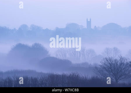 Bradworthy Kirche im frühen Morgennebel, North Devon, Großbritannien. März 2014. Stockfoto