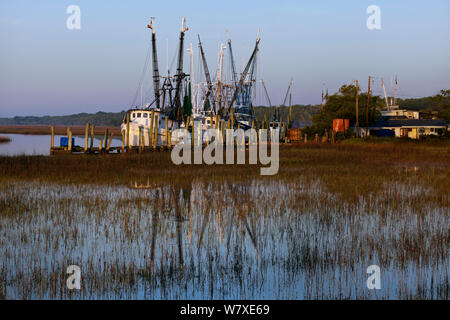 Fischerboote der Gay Fish Company zusammen Ward Creek, Frogmore, South Carolina, USA angedockt. Stockfoto