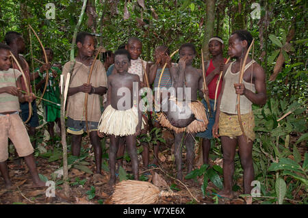 Mbuti pygmy Einleitung Jagd, mit zwei Jungen in traditionellen Blau Body Paint und Stroh Rock. Eine junge hält Fang von Blue Duiker (Philantomba monticola) Ituri Rainforest, Demokratische Republik Kongo, Afrika, November 2011. Stockfoto