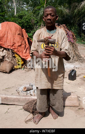 Mbuti Pygmy Mann an der Jagd Camp mit Elfenbein ax, Ituri Rainforest, Demokratische Republik Kongo, Afrika, Januar 2012 vorangegangen. Stockfoto