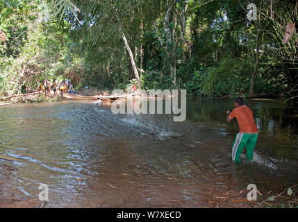 Mongo Torhüter ziehen ein Floß über den Fluss, Demokratische Republik Kongo, Afrika, November 2011. Stockfoto