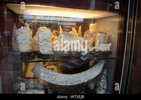 Geschnitztes Elfenbein Stoßzähne, für den Verkauf im Shop auf der Nathan Road, Kowloon, Hong Kong, Dezember 2012. Stockfoto