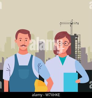 Fachleute Arbeiter Paar lächelnde Cartoons Stock Vektor