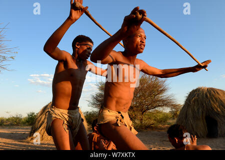 Familie von naro San Buschmännern Durchführung traditioneller Tanz, Kalahari, Ghanzi region, Botswana, Afrika. Trockene Jahreszeit, Oktober 2014. Stockfoto