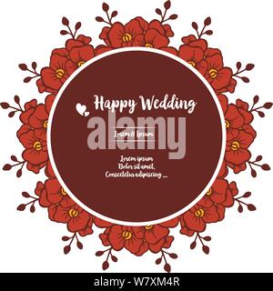 Dekoration von Rahmen, Zweige mit Blättern und schönen roten Blumen, Einladung Karte happy Hochzeit. Vector Illustration Stock Vektor