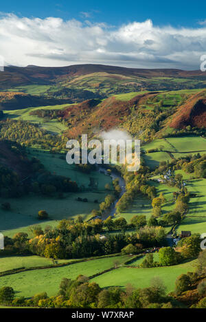 Ländliche Landschaft mit Feldern von Schafen und kleines Dorf, Dee Tal (Dyffryn Dyfrdwy) in der Nähe von Llangollen, Denbighshire, Wales, UK, November 2013. Stockfoto