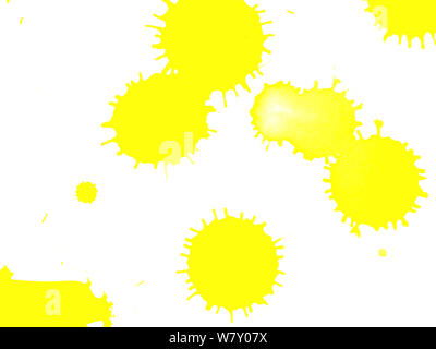 Punkt gelbe Farbe Aquarellfarbe Spritzer auf weißem Papier Hintergrund Stockfoto