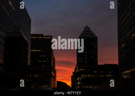 Tolle Aussicht auf den Sonnenuntergang von Gebäuden und Mount Royal in der Rückseite in Montreal, Quebec, Kanada. Rot und Lila Sternenhimmel auf Feuer Stockfoto