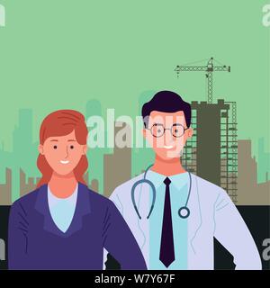 Fachleute Arbeiter Paar lächelnde Cartoons Stock Vektor