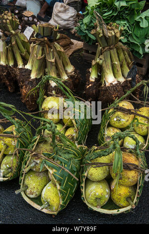 Brotfrucht und Taro für Verkauf, Suva, Viti Levu, Fidschi, South Pacific, April 2014. Stockfoto