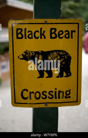 Black Bear crossing Warnschild, Juneau, Alaska, USA. Stockfoto
