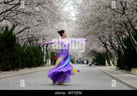 Ein Student von der Abteilung Tanz der Shandong Normal University in der chinesischen Tracht gekleidet posiert im Ji'nan City, East China Shandon Stockfoto