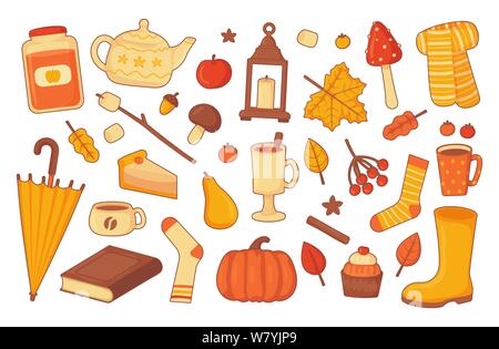 Gemütlichkeit Helle Herbst Elemente Kollektion mit Austernlinien Stock Vektor