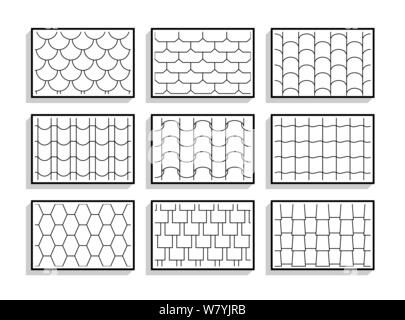 Satz von nahtlosen Dachziegel Texturen. Schwarze und weiße grafischen Mustern architektonischer Materialien Stock Vektor