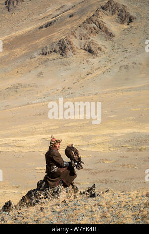 Eagle Hunter auf Normalpapier mit Steinadler (Aquila Chrysaetos) in der Nähe von Sagsai, Bayan-Ulgii Aymag und Mongolei. September 2014 .. Stockfoto